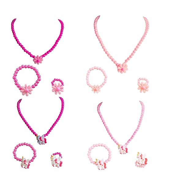 11220-1 Cute Pink Beads Necklace With Bracelet and Ring Jewellery Set for Girls {Random Design}