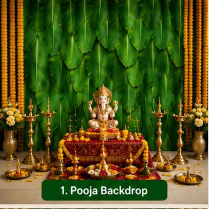 PJD-398  Green Banana Leaf Printed Backdrop Cloth, Polyester, 8Ft x 8Ft, for Satyanarayan Pooja, Ganesh Chaturthi, South Indian Festival Decoration, Washable and Reusable