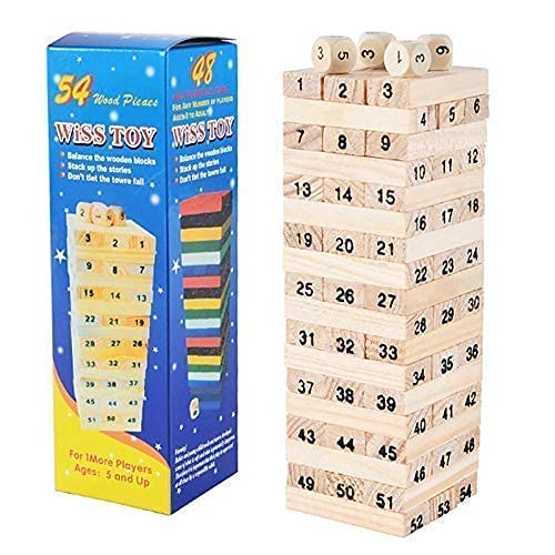 20672 Wooden Stacking Tower Numbers 54 Pieces Building Blocks Game Board for 2 + Years Old Kids & Adult