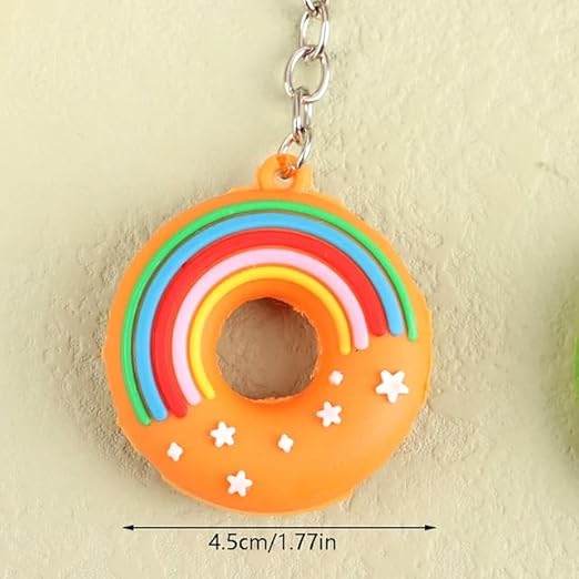 20506 {Pack of 12 } Rainbow & Stars Detail Donut Shape Keychain PVC Soft Doughnut Key Chains for Car, Scooty, Girls Boys Gifts, Birthday, Charm Sweet Keychain, Bag Pendant