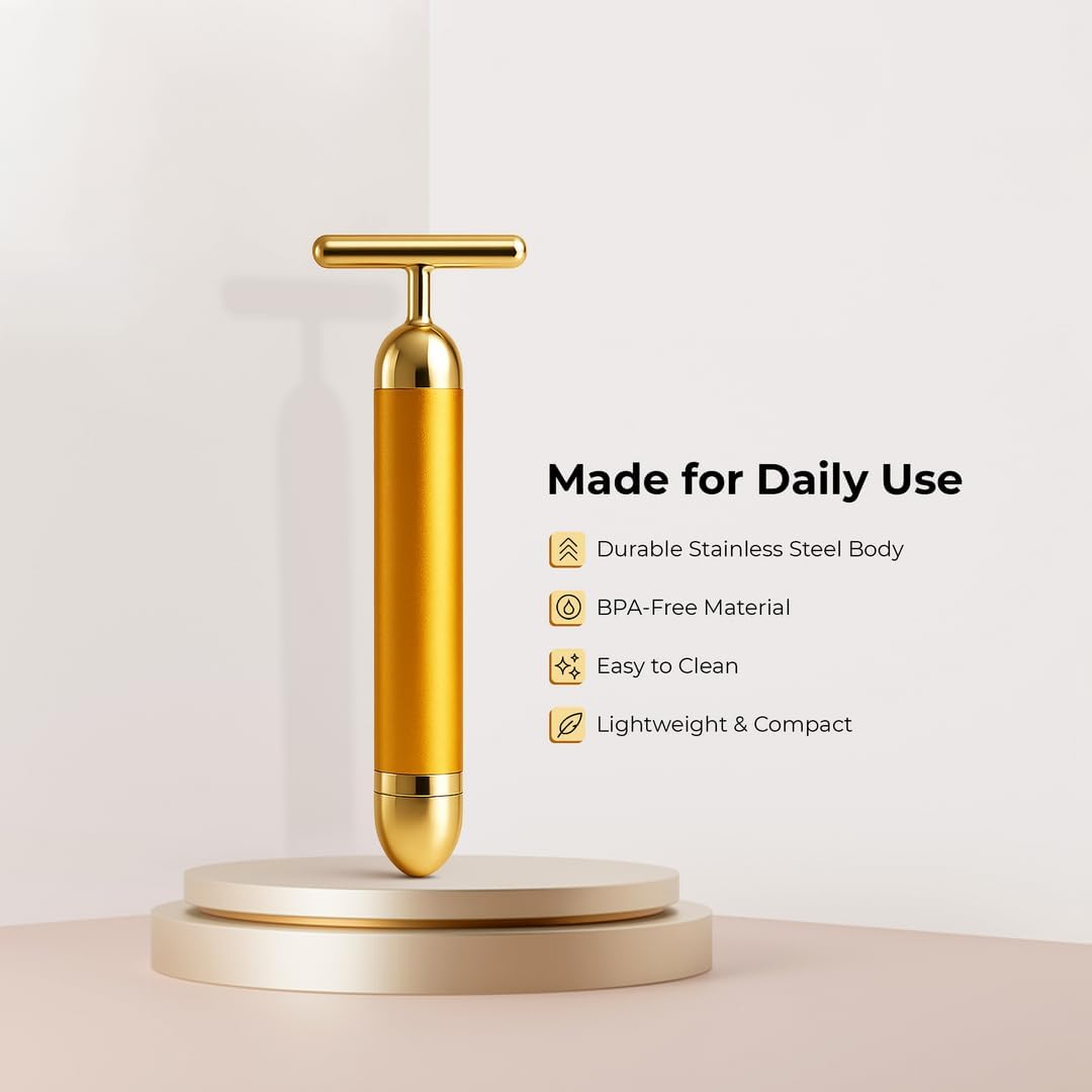 20623  24K Gold Energy Beauty Bar Electric Facial Massager Vibration Face Roller Skin Tightening Anti Aging Tool, Wrinkle Remover for Face Neck Jawline