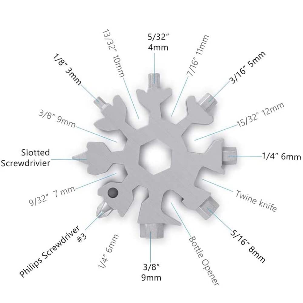 20523 Snowflake Multi-Tool Stainless Steel Snowflake Keychain Tool 18-in-1 Incredible Tool Snowflake Screwdriver Tactical Tool for Outdoor Camping