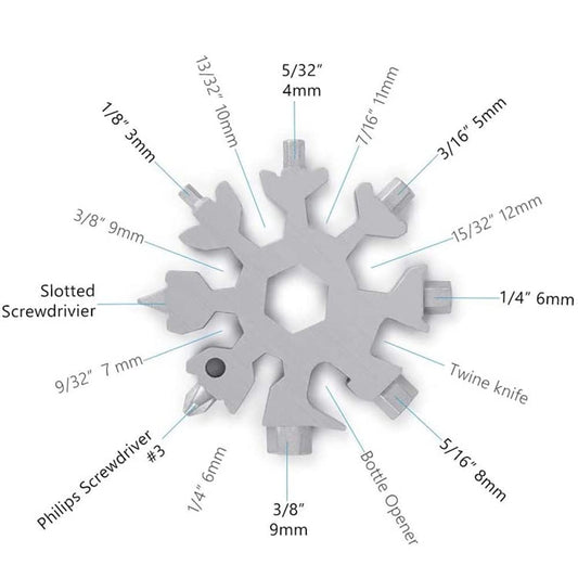 20523 Snowflake Multi-Tool Stainless Steel Snowflake Keychain Tool 18-in-1 Incredible Tool Snowflake Screwdriver Tactical Tool for Outdoor Camping