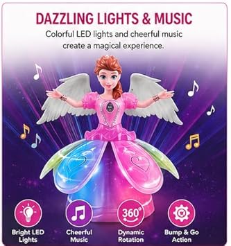 LD 131A Angel Girl Dancing Doll with Lights & Music | 360° Rotating Princess Toy for Kids | Colorful LED Musical Toy | Bump & Go Action