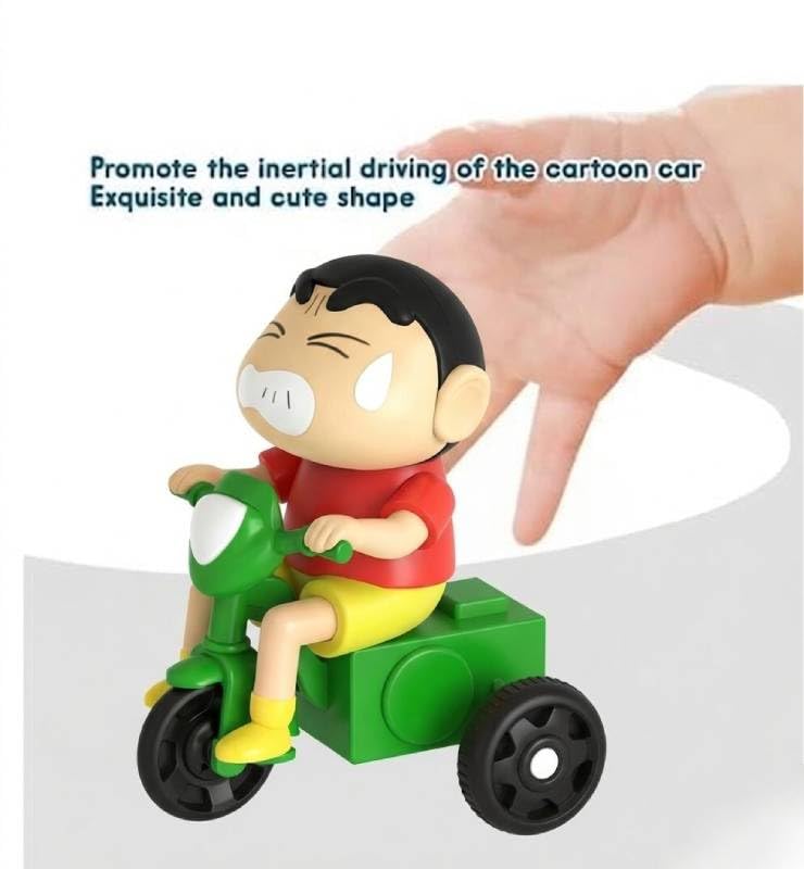 002 Cartoon Bike Riding Boy Shin chain Toy, Friction Powered Push & Go Tricycle Toy for Kids, Funny Expression Character Toy with Moving Action, No Battery Required, Gift for Boys & Girls