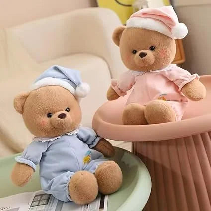 11251 Goodnight Bear Soft Toy Cute Sleepy Bear Plush Teddy Bear with Blue Pajamas and Nightcap, Soft Stuffed Animal, Baby Room Décor, Birthday Gifts for Kids, Boys, Girls, Decorative Items 30Cm {peach/ Blue}