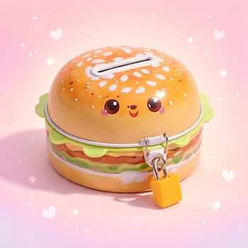 20364 Cute Burger Shape Coin Box with Lock & Key | Cartoon Burger Piggy Bank for Kids | Metal Money Saving Box for Boys & Girls