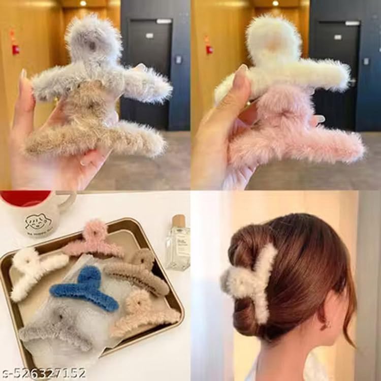 20910 Fur Clutchers For Women & Girls | Fur Plush Claw Clip Set For Women- Furry Clutcher For Hair | Long Hair Clips {Multicolor}