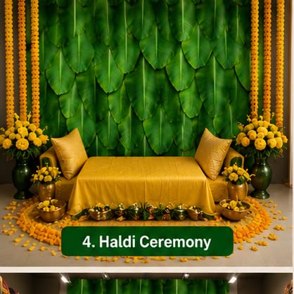 PJD-398  Green Banana Leaf Printed Backdrop Cloth, Polyester, 8Ft x 8Ft, for Satyanarayan Pooja, Ganesh Chaturthi, South Indian Festival Decoration, Washable and Reusable