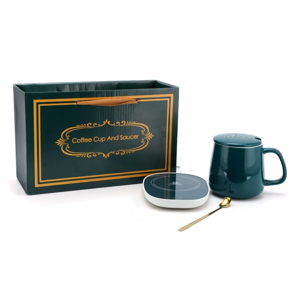 20176 Tea/Coffee Mug Warmer - 350 Ml | Heating Function Electric Warmer Plate with Auto Shut Off | for Home and Office Use | Includes: Mug, Lid and Heating Plate - Green