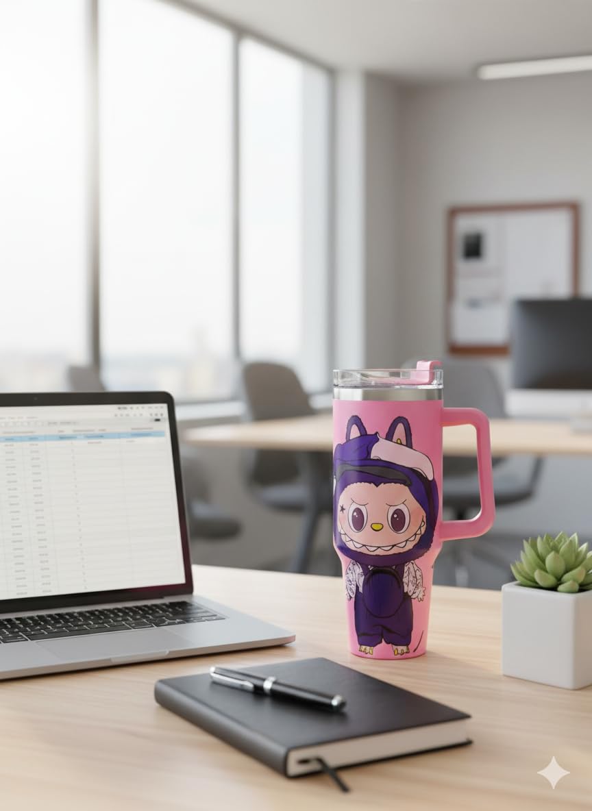 20470 Stainless Steel Labubu Tumbler with Handle lid and Straw, Vacuum Insulated Hot & Cold Leak-Proof Travel Mug, Water Cup for Gym, Office & Outdoor Use {1200ML}