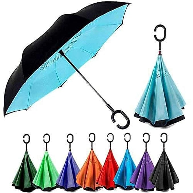 20769 Folding Umbrella with C-Shaped Handle | Inverted Double Layer Windproof Umbrella | Self Standing Drip-Free Design | Waterproof Travel Umbrella for Men & Women {Random color}