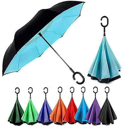 20769 Folding Umbrella with C-Shaped Handle | Inverted Double Layer Windproof Umbrella | Self Standing Drip-Free Design | Waterproof Travel Umbrella for Men & Women {Random color}