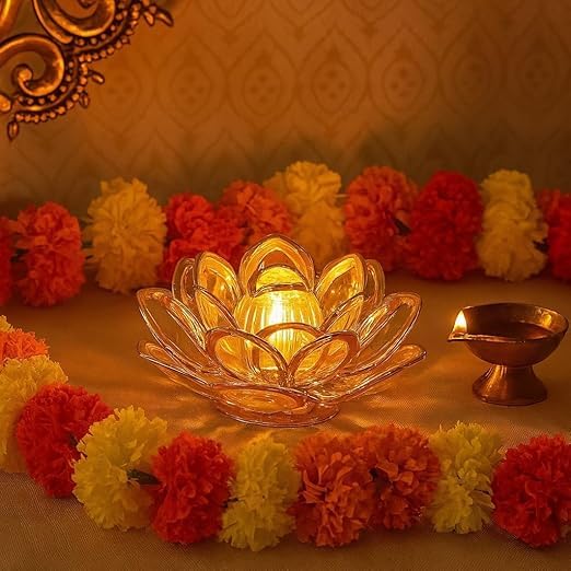 10300 Lotus LED Tea Light Candles | Battery-Operated | Flameless & Smokeless | Multicolor Acrylic Design | Home Décor,Wedding, Festival {Golden}