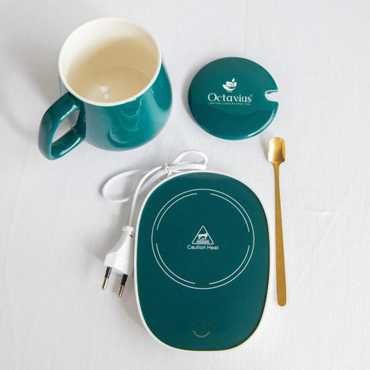 20176 Tea/Coffee Mug Warmer - 350 Ml | Heating Function Electric Warmer Plate with Auto Shut Off | for Home and Office Use | Includes: Mug, Lid and Heating Plate - Green