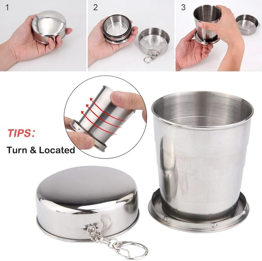 10823 Stainless Steel Telescopic Collapsible Foldable Water Cup, Folding Portable Camping Travel Mug with Lid and Keychain for Outdoor Drinking