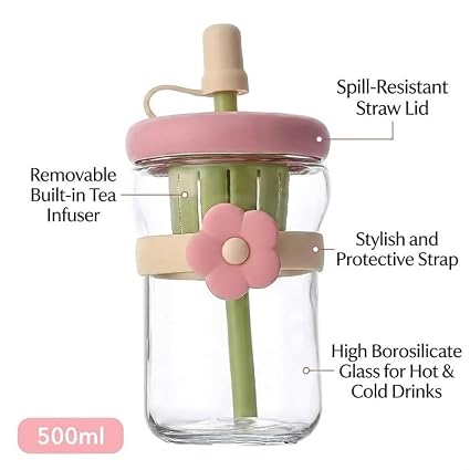 20723 500ml Glass Sipper Bottle with Flower Band | Leakproof Straw Bottle with Built-in Juicer | Cute Aesthetic Drinkware for Kids & Adults (Multicolor)