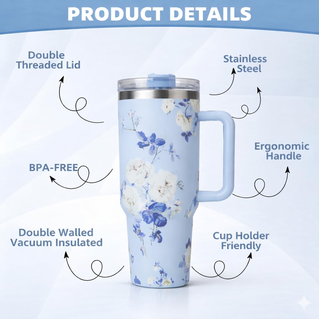 20362 Lucifer Professional 1200 ml Stainless Steel Insulated Tumbler with Handle, Floral Print, Double-Wall Vacuum, Leak-Proof {Multicolor}