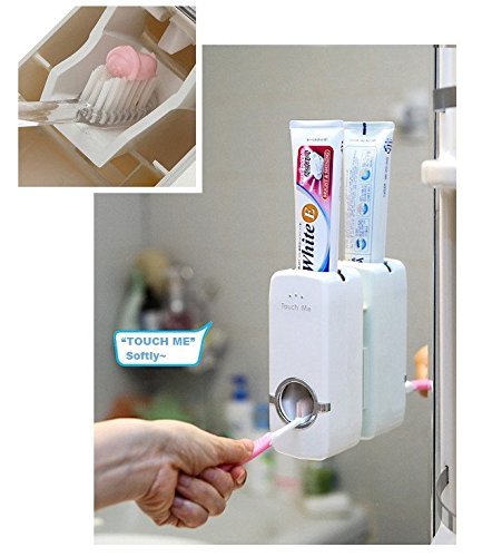 JX-200 Hands Free Wall Mounted Plastic Dust Proof Automatic Toothpaste Dispenser & Detachable Hole 5 Toothbrush Holder