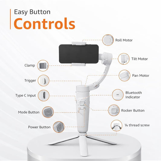 M1 3-Axis Smartphone Stabilizer Gimbal, White, Foldable Design, Portable Video Recording