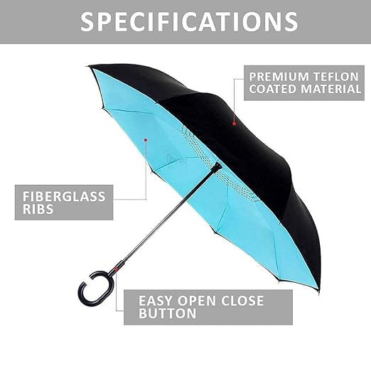 20769 Folding Umbrella with C-Shaped Handle | Inverted Double Layer Windproof Umbrella | Self Standing Drip-Free Design | Waterproof Travel Umbrella for Men & Women {Random color}