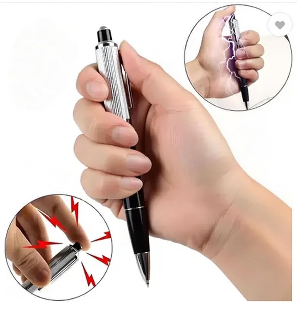 20841 Electric Shock Prank Pen | Harmless Funny Gag Toy Shock Ballpoint Pen | Realistic Silver Black Joke Pen for April Fools, Office Pranks, Parties & Gifts