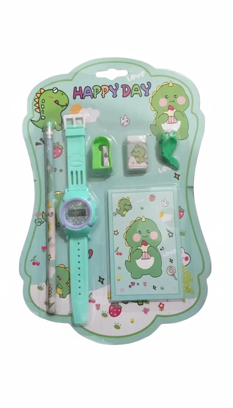 GBT-8454 6 in 1 Stationery Gift Set for Children , Stationery Supplies Bundle with Digital Watch, Sharpener, Eraser, Pencils, Notebook & Cap Return Gift for Kids