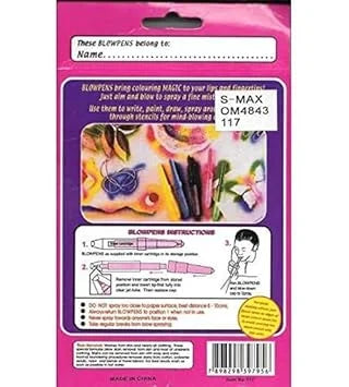 117 Magic Blow Pens Set of 6 Pc Colour Spray Blowpen with Sketch Pens at One End and Blow Pens at Other 3 Paper Stencils Washable