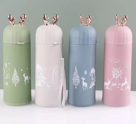 20356 Deer Shape Glass Water Bottle/Double-Layer Insulation Cup for Kids & Adults/Thermos Flask Hot & Cold Water Bottle (380 ML) Multicolor