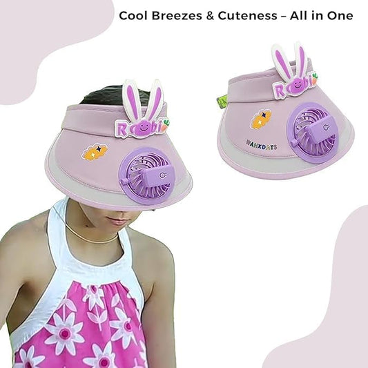 21336 USB Rechargeable Cute Cartoon Styled Sun Visors Cap with 3 Gear Adjustable Wind Speed Fan UV Sun Protection Sunshade Hat Mini Empty Top Random Colur Multicolour
