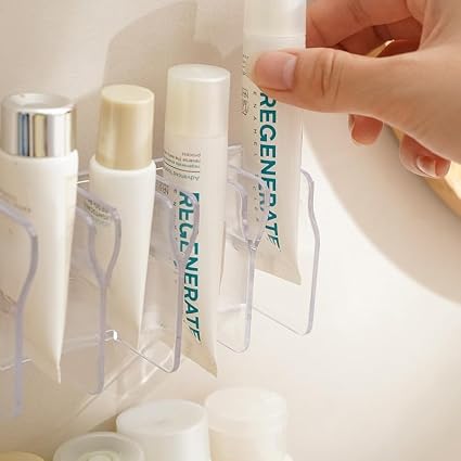 21374 Wall Mounted Cosmetic Organizer, 4-Grid Storage Caddy for Bathroom, No-Drill Plastic Storage Rack for Skincare, Toothpaste, Hand Cream, Stationery