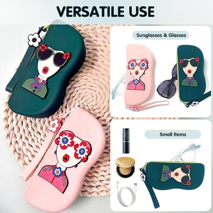 20781 Cute Silicone Sunglass Case with Zipper & Wrist Strap, Soft Protective Glasses Holder for Women, Men & Kids | Waterproof Eyeglass Pouch with Cleaning Cloth | Travel & Everyday Use (MULTI COLOR)