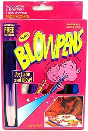 117 Magic Blow Pens Set of 6 Pc Colour Spray Blowpen with Sketch Pens at One End and Blow Pens at Other 3 Paper Stencils Washable