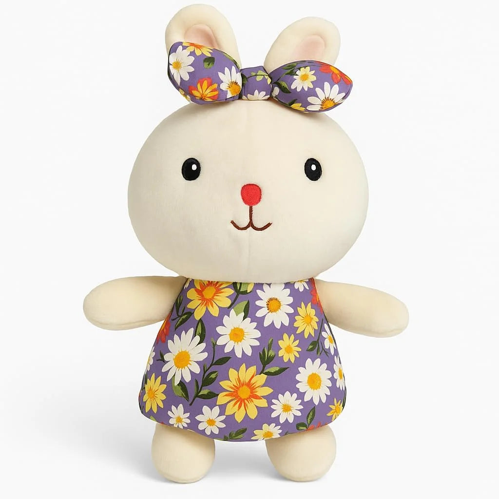 11248 Plush Bunny Stuffed Animal Toy with Floral Dress & Bow – Soft Cuddly Rabbit Doll for Kids {Size 26*13 Cm}