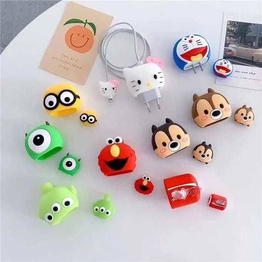 20678 Cute Cartoon  Data Cable Case for 18-20W iPhone USB-C Power Adapter Charger, Cartoon 3D Design Protective Case {Random Design}