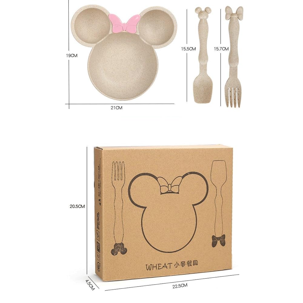 CK-SP07 Mickey Mouse Shaped Plates for Kids, Eco Friendly Bamboo Fiber Dinner Set for Weaning Kids, Dinner Dish Gift Sets with Spoon, Fork