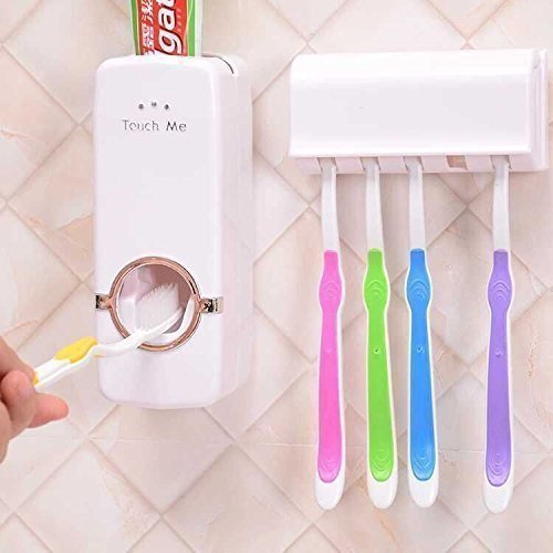 JX-200 Hands Free Wall Mounted Plastic Dust Proof Automatic Toothpaste Dispenser & Detachable Hole 5 Toothbrush Holder