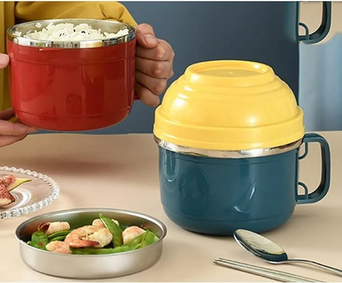 GBR-135 Double Layer Stainless Steel Noodle & Soup Bowl with lid and Handle, Tableware Infant Pasta, Soup, Rice, Food Storage Container for Kitchen