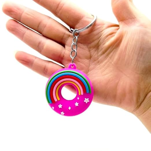 20506 {Pack of 12 } Rainbow & Stars Detail Donut Shape Keychain PVC Soft Doughnut Key Chains for Car, Scooty, Girls Boys Gifts, Birthday, Charm Sweet Keychain, Bag Pendant