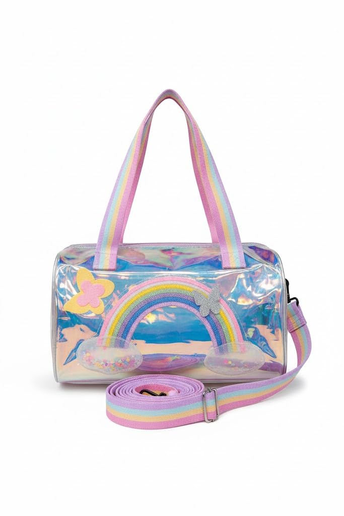 50346 Happy HuesMagical Holographic Duffle Bag for Girls – Trendy Water-Resistant Kids Travel Bag with Rainbow Straps & Butterfly (Rainbow Duffle) { Size-30cm*27cm*26cm*}