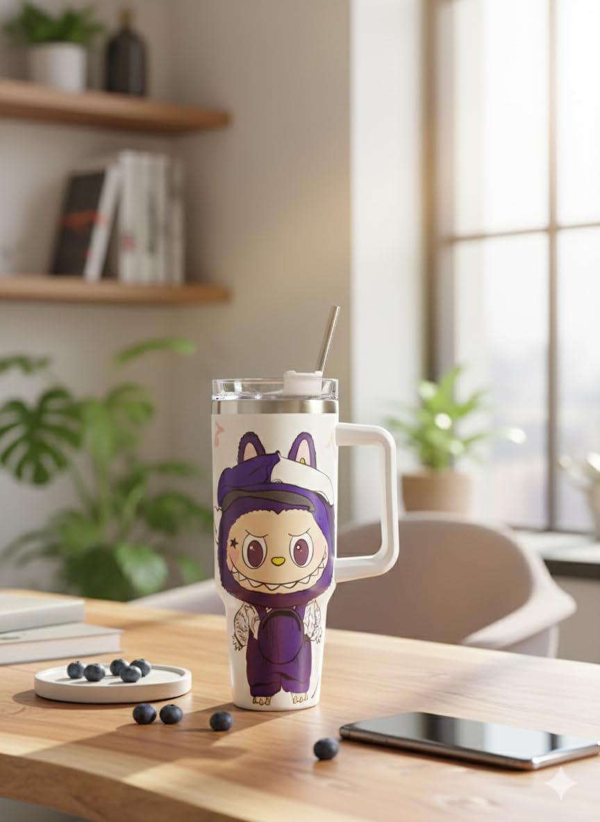 20470 Stainless Steel Labubu Tumbler with Handle lid and Straw, Vacuum Insulated Hot & Cold Leak-Proof Travel Mug, Water Cup for Gym, Office & Outdoor Use {1200ML}