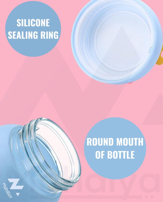 11241 Cute Teddy Glass Bottle – 360ml Leak-Proof Kids Water Bottle with Safety Outer Plastic Cover