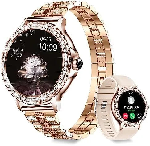GEN 9 Golden Round Diamond Smartwatch for Women | Ultra Luxury Rose Gold Bracelet Smart Watch Bluetooth Call, Wireless Charge, Fashionable Fitness Tracker-Golden Version