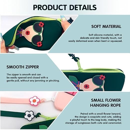 20781 Cute Silicone Sunglass Case with Zipper & Wrist Strap, Soft Protective Glasses Holder for Women, Men & Kids | Waterproof Eyeglass Pouch with Cleaning Cloth | Travel & Everyday Use (MULTI COLOR)