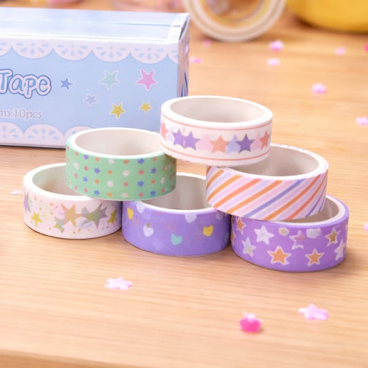 20742 Washi Tape Combo Set (10 Rolls) | Cute Aesthetic Decorative Masking Tape for Journaling, Scrapbooking & DIY Crafts | Floral + Star Designs | 15mm x 2m Each