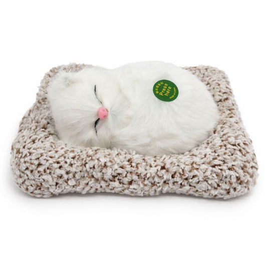 1676 Plush Sleeping Cat Decorative Toy with Pink Nose, White Fluffy Fur, Car Dashboard Display