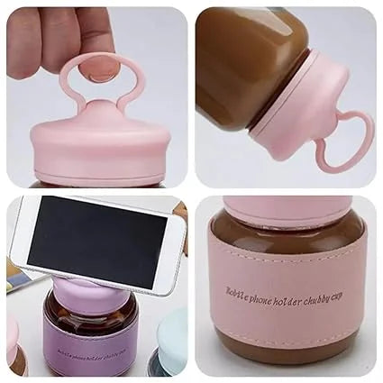 11179 300Ml Portable Handle Mini High Borosilicate Shaker Cute Fat Glass Water Cup, Mobile Phone Stand,Coffee, Juice, and Smoothies, Perfect for Hot & Cold Beverages