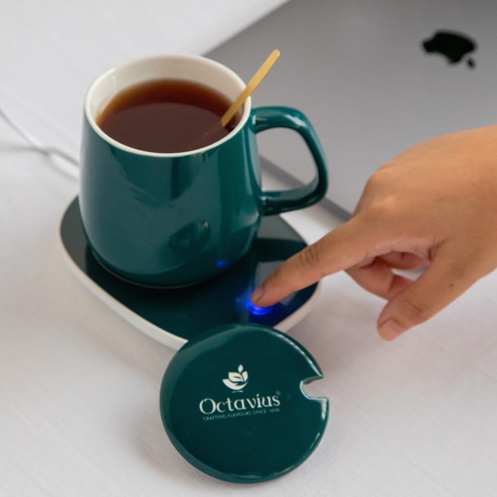 20176 Tea/Coffee Mug Warmer - 350 Ml | Heating Function Electric Warmer Plate with Auto Shut Off | for Home and Office Use | Includes: Mug, Lid and Heating Plate - Green
