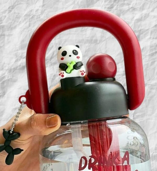 CK-3353 Cute Big Kettle Design 800ML Plastic Water Bottle with Panda & Heart-Shaped Cap ,Direct Sip & Straw Lid