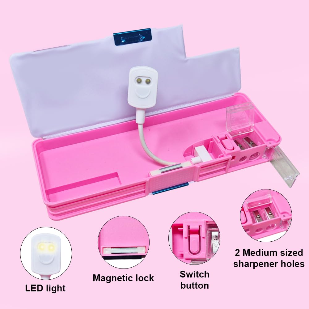 20437 Plastic Pencil Box with LED Light| Compartments and Dual Sharpener, Magnetic Lock, Pencil Box for Girls (Random Design)